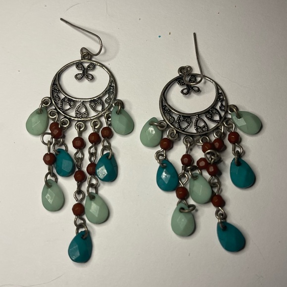 New Sterling Silver Blue Green Red Beaded Boho Handmade Floral Chandler Earrings - Picture 4 of 9